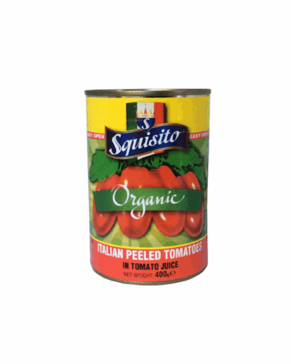 Organic Italian peeled tomatoes, 400g can, featuring bright red design, easy open lid.