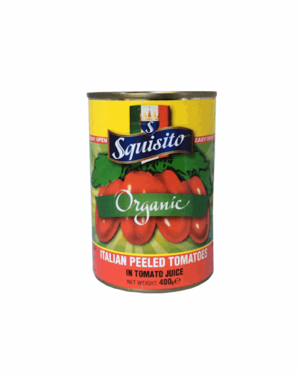 Organic Italian peeled tomatoes, 400g can, featuring bright red design, easy open lid.