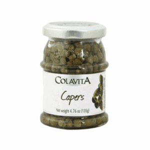 Glass jar of Colavita capers with metal lid and caper image on label.