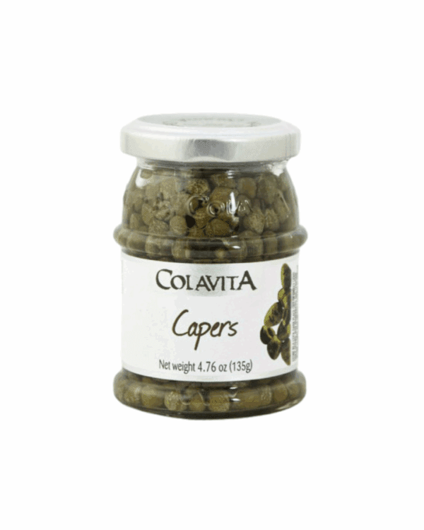 Glass jar of Colavita capers with metal lid and caper image on label.