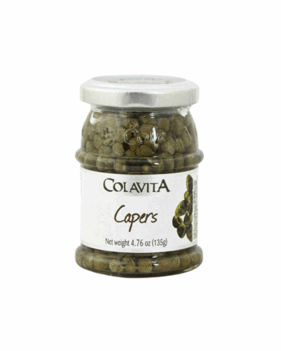 Glass jar of Colavita capers with metal lid and caper image on label.