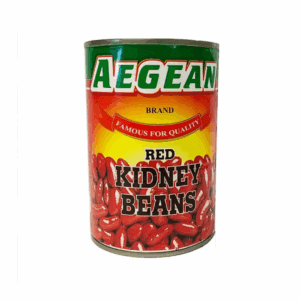 Aegean canned red kidney beans with colorful label featuring beans illustration.