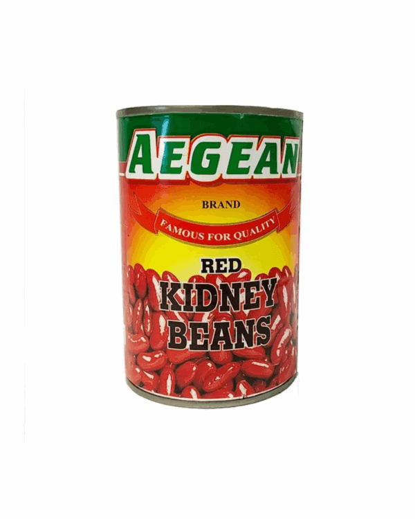 Aegean canned red kidney beans with colorful label featuring beans illustration.