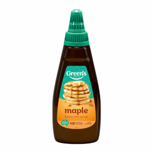 Bottle of Green's maple-flavored syrup, green cap, blueberry pancakes on label, 375g.