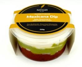 Mexicana Dip container with layers of salsa, guacamole, sour cream; 200g, clear lid.
