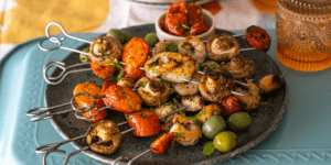  Mushroom, Prawn and Chorizo Skewers