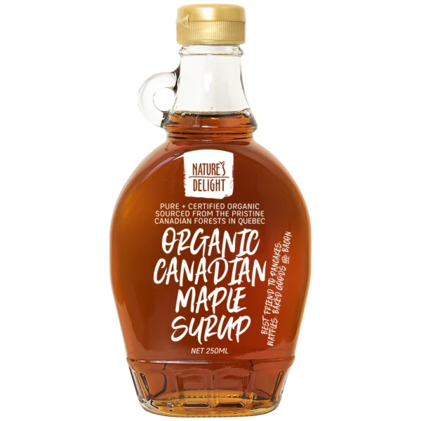 NATURES DELIGHT ORGANIC CANADIAN MAPLE SYRUP Organic Canadian maple syrup bottle with label, loop handle, twist cap, 250ml net weight.