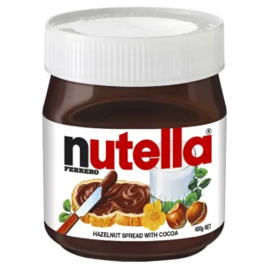Jar of Nutella hazelnut spread with cocoa, 400g, white lid, label with bread and knife.