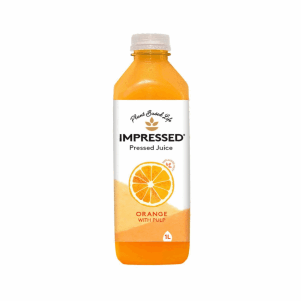 1-liter plastic bottle of Impressed orange pressed juice with pulp and white cap.
