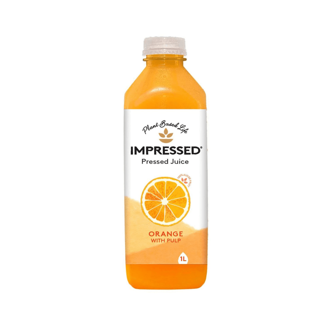 1-liter plastic bottle of Impressed orange pressed juice with pulp and white cap.