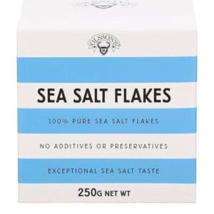 White and blue box of Olsson's Sea Salt Flakes, 250g, pure with no additives or preservatives.