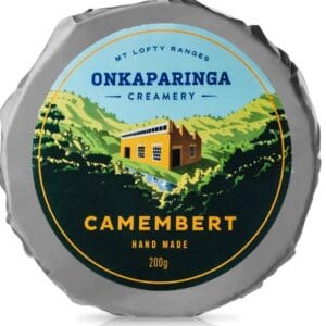 Onkaparinga Creamery Camembert cheese 200g handmade from Mt Lofty Ranges with landscape label
