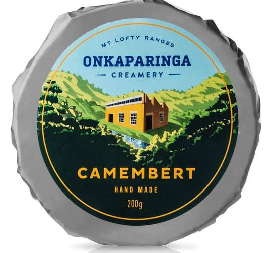Onkaparinga Creamery Camembert cheese 200g handmade from Mt Lofty Ranges with landscape label