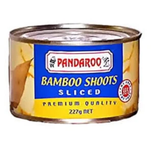 Can of Pandaroo sliced bamboo shoots, 227g, labeled premium quality, blue and yellow design.