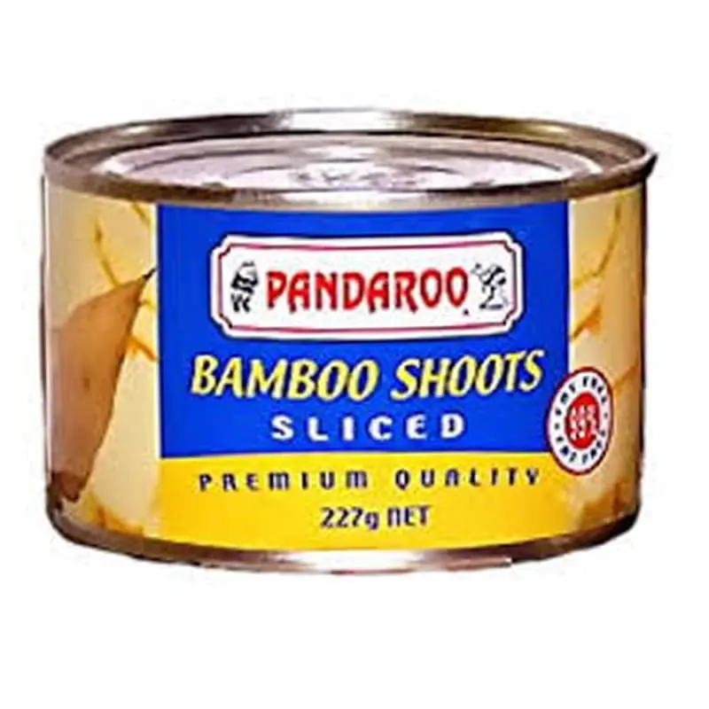 Can of Pandaroo sliced bamboo shoots, 227g, labeled premium quality, blue and yellow design.