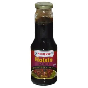 Pandaroo Hoisin Sauce in a 250ml glass bottle with a red and gold label, metal cap.