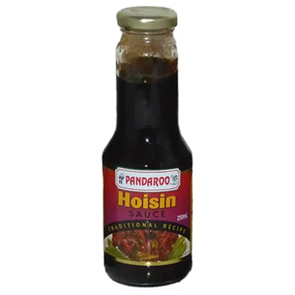 Pandaroo Hoisin Sauce in a 250ml glass bottle with a red and gold label, metal cap.