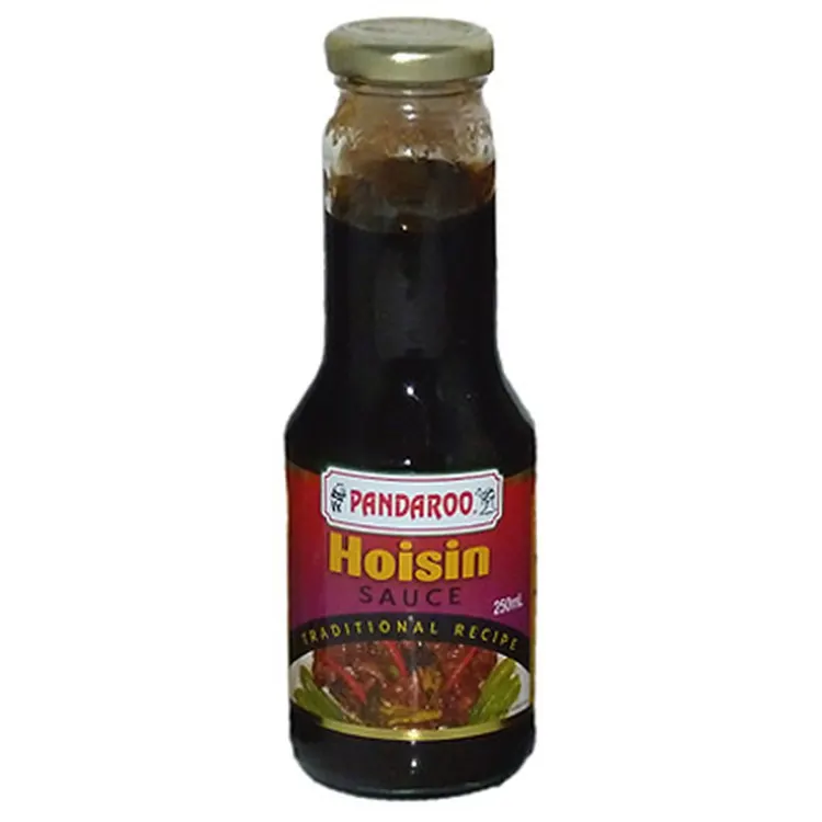 Pandaroo Hoisin Sauce in a 250ml glass bottle with a red and gold label, metal cap.