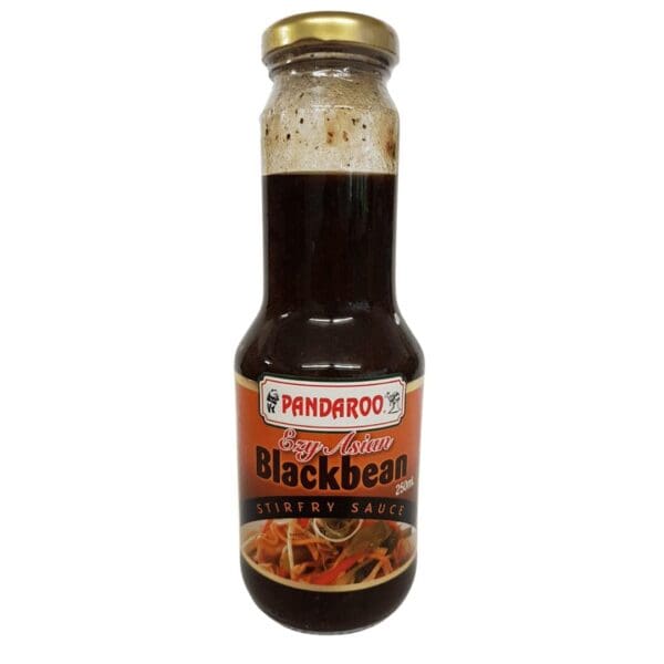 Pandaroo Ezy Asian Blackbean Stirfry Sauce bottle with gold cap and orange label, 250 ml.