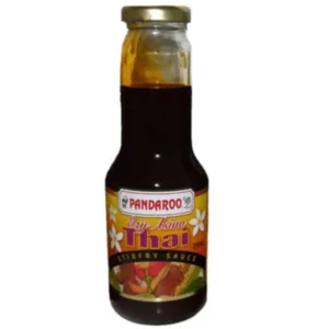 Bottle of Pandaroo Easy Asian Thai stir-fry sauce with gold cap and colorful label design.