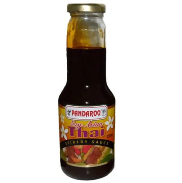 Bottle of Pandaroo Easy Asian Thai stir-fry sauce with gold cap and colorful label design.