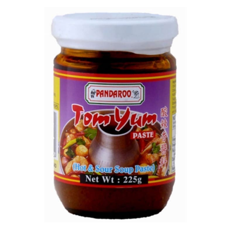 Pandaroo Tom Yum hot and sour soup paste jar, net weight 225g, labeled with soup image.