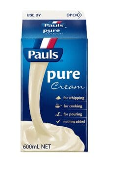 600mL Pauls pure cream carton, blue and white, suitable for whipping, cooking, pouring.