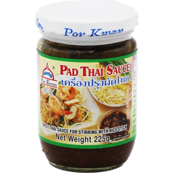 POR KWAN PAD THAI SAUCE Jar of Por Kwan Pad Thai Sauce, spicy, with noodles and shrimp image, 225g, white lid