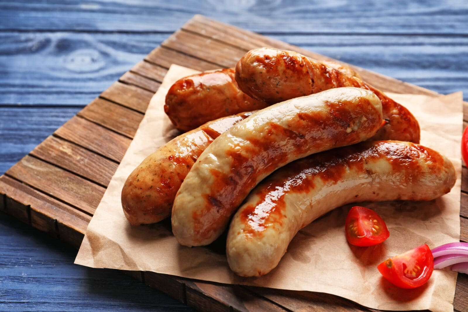 Grilled,Sausages,On,Wooden,Board