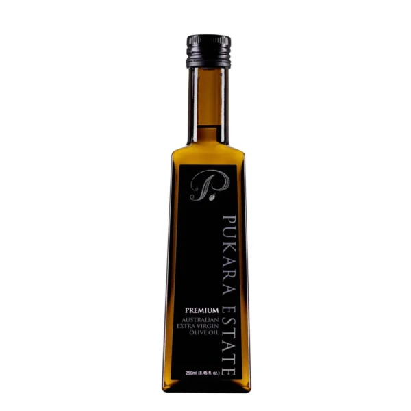 Pukara Estate olive oil, 250ml dark bottle with black label and silver text.