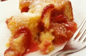 Yellow cake dessert with cooked plums and powdered sugar on white plate with fork.