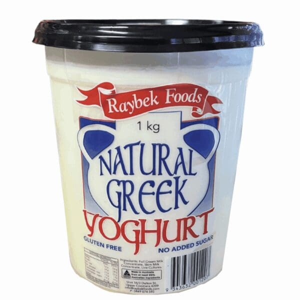 A 1 kg container of Raybek Foods Natural Greek Yogurt is shown, featuring blue and red text on a white background. It is labeled as gluten-free and has no added sugar. The packaging provides ingredients details and has a barcode.