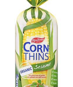 Real Foods Organic Sesame Corn Thins package gluten-free vegan low salt 150g.