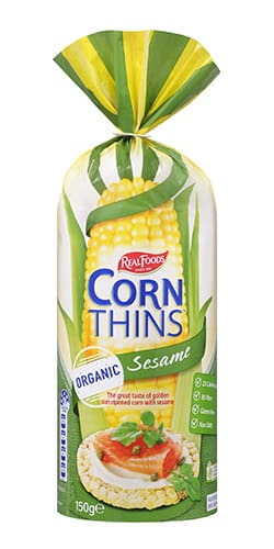 Real Foods Organic Sesame Corn Thins package gluten-free vegan low salt 150g.