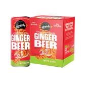 Hansen's Natural Ginger Beer with Lime can and six-pack carton with red and green packaging