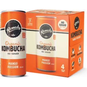 Pack of four 250 ml Remedy Organic Kombucha cans, Mango Passion flavor, no added sugar.