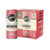 Clearly Kombucha Pink Grapefruit flavor can and four-pack carton with organic labeling