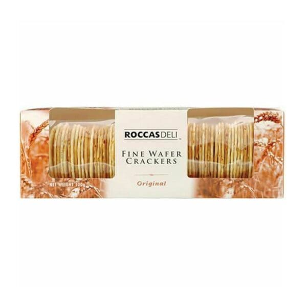 Roccadeli Fine Wafer Crackers, 100g package with wheat design, labeled "Original".