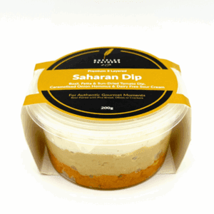Premium three-layered dip with basil, feta, onion hummus, in 200g container, Truffled Feathers.
