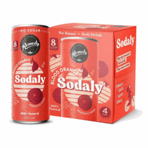 250 ml can and four-pack box of Sodaly blood orange prebiotic soda, 100% natural, no sugar.