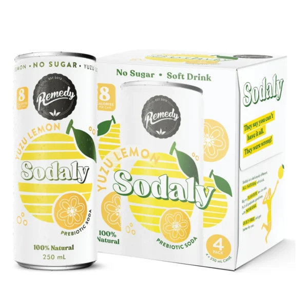 Remedy Sodaly Multipack Lemon Yuzu Remedy Sodaly Yuzu Lemon prebiotic soda 4-pack, 250mL cans, no sugar, 8 calories, natural.