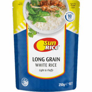 SunRice 250g pack of long grain white rice, light and fluffy, microwave in 90 seconds, 4-star health rating.