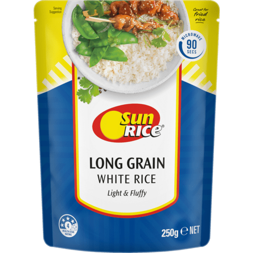 SunRice 250g pack of long grain white rice, light and fluffy, microwave in 90 seconds, 4-star health rating.