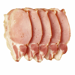 Raw bacon slices on a wooden board with a parsley sprig on the side.