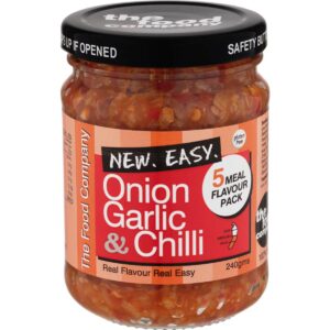 Glass jar labeled "Onion, Garlic & Chilli" by The Food Company, 240g, 5 Meal Flavour Pack.