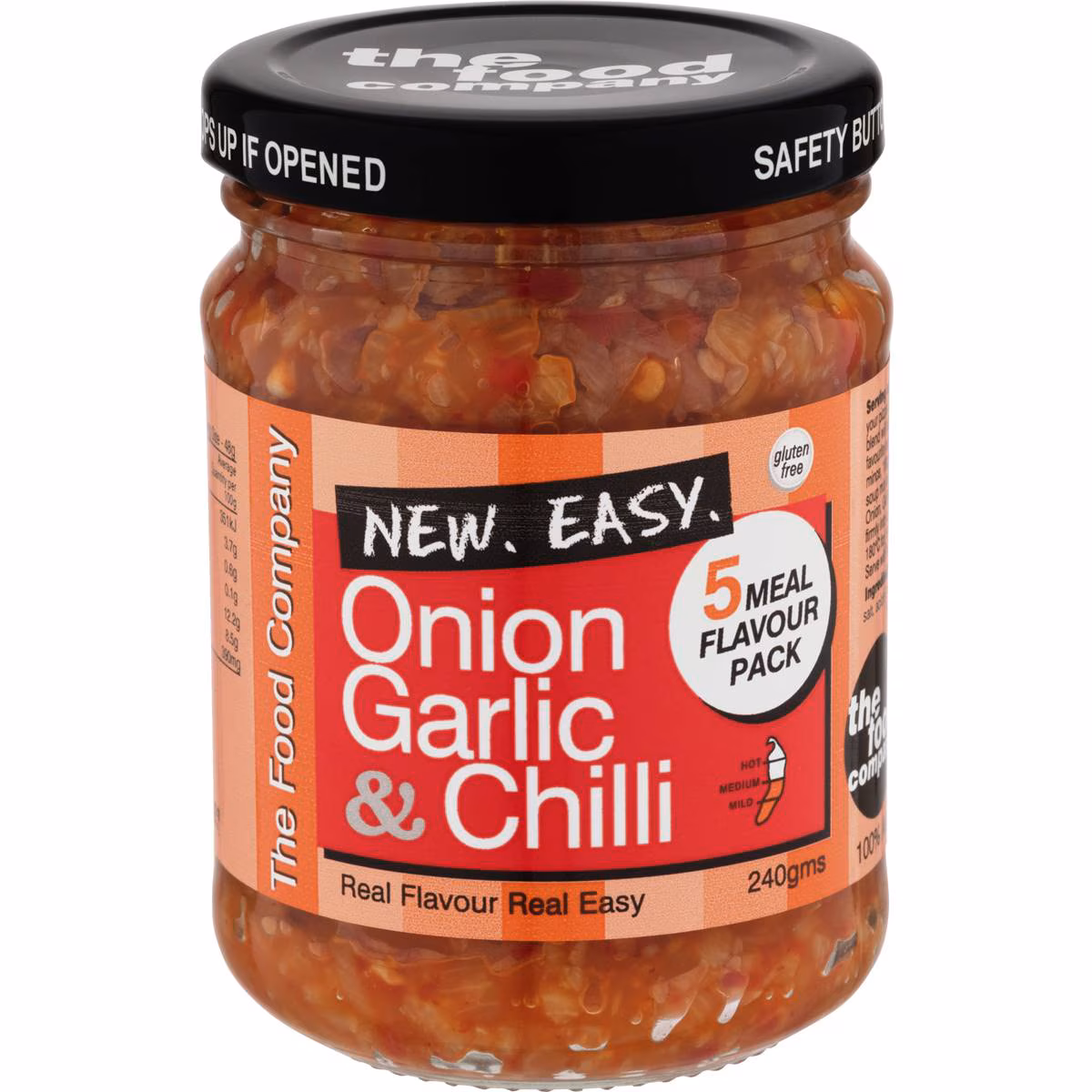 Glass jar labeled "Onion, Garlic & Chilli" by The Food Company, 240g, 5 Meal Flavour Pack.