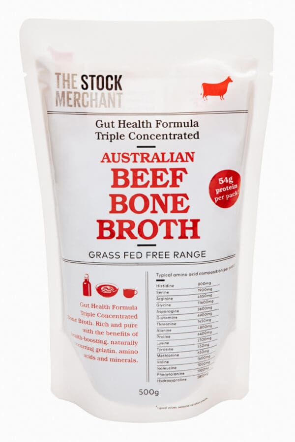 THE STOCK MERCHANT GUT HEALTH BEEF BONE BROTH 500g package of Australian Beef Bone Broth by The Stock Merchant, gut health, 54g protein.