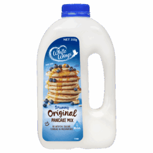 Pancake mix bottle, 350g, labeled "White Wings Scrummy Original," just add water.