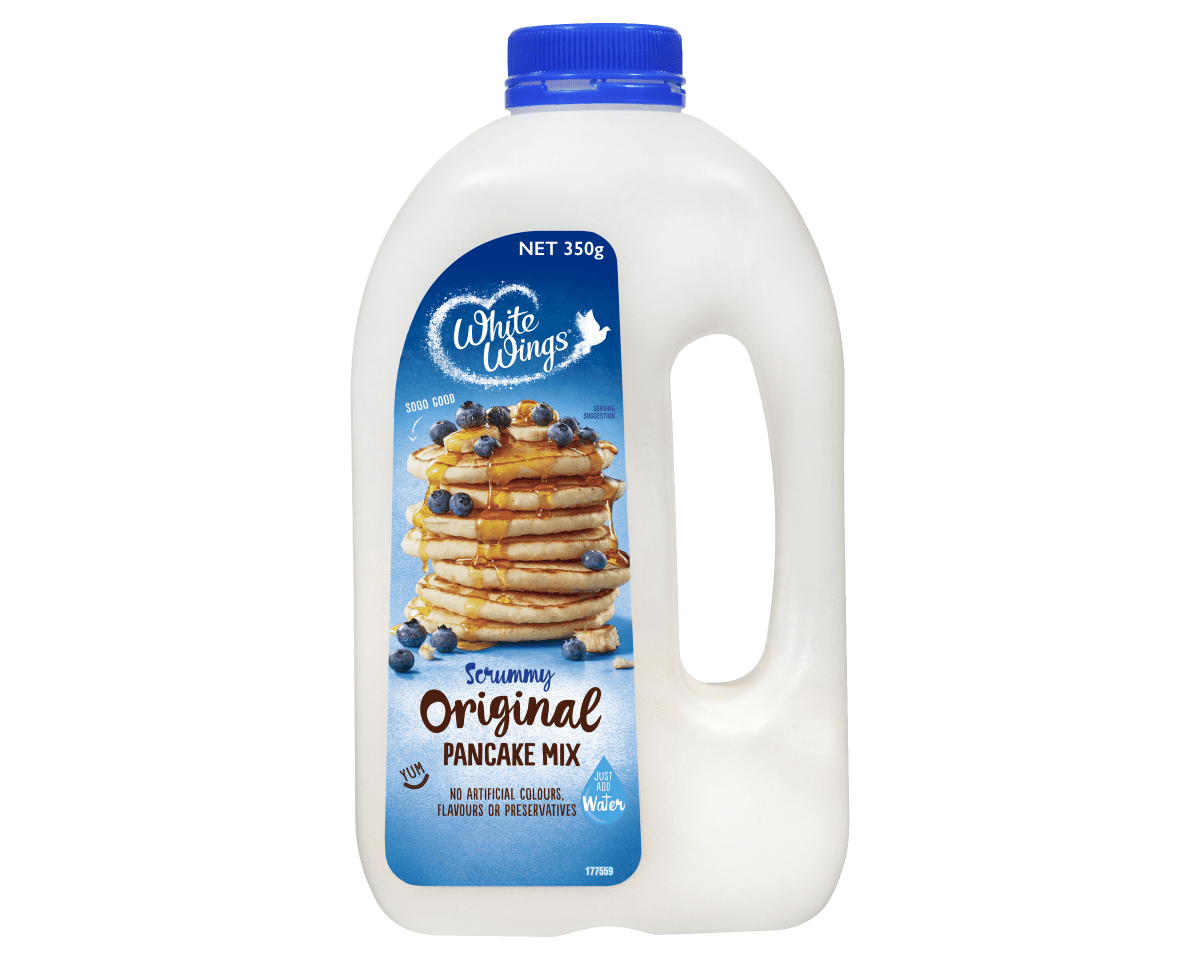 Pancake mix bottle, 350g, labeled "White Wings Scrummy Original," just add water.
