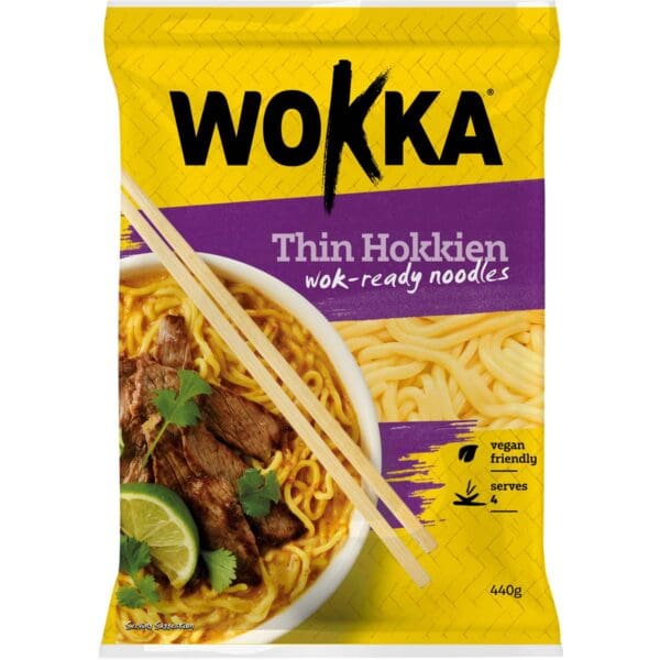 Wokka Thin Hokkien vegan noodles package, yellow/purple, serves four, 440g, dish image.